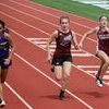 Brenna Morey sprints the 100m dash, placing second at the Big 8 Conference track meet held on May 1. Morey is a seventh grader at Lamar Middle School.